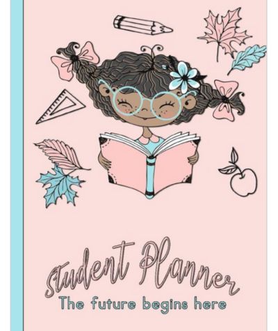 Student Planner front cover Pink with a girl reading