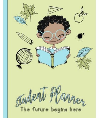 Student Planner front cover yellow with a boy reading